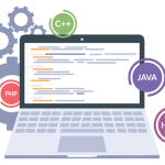a graphic of a laptop with programming icons around it for launching a new website